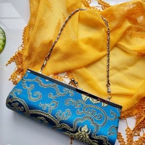Gorgeous VTG Japanese silk clutch turquoise gold floral purse wedding night out